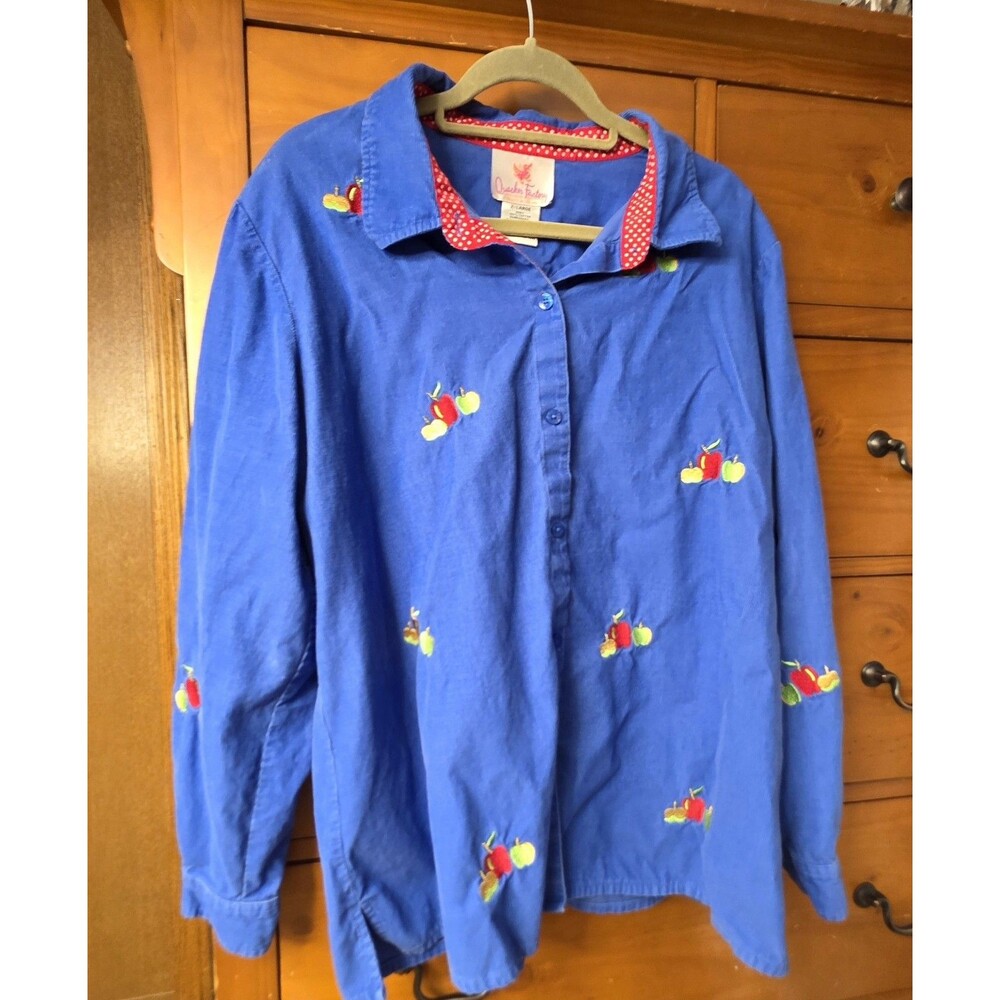 Quacker Factory Corduroy Button-Up Shirt Size XL 90's Embroidered Apples Teacher